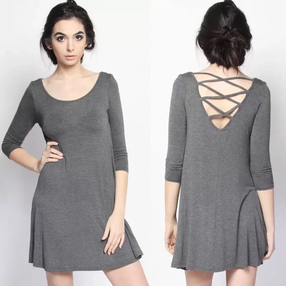 Strappy Open Back 3/4 Sleeve Tunic Dress Heather Grey - Picture 1 of 3